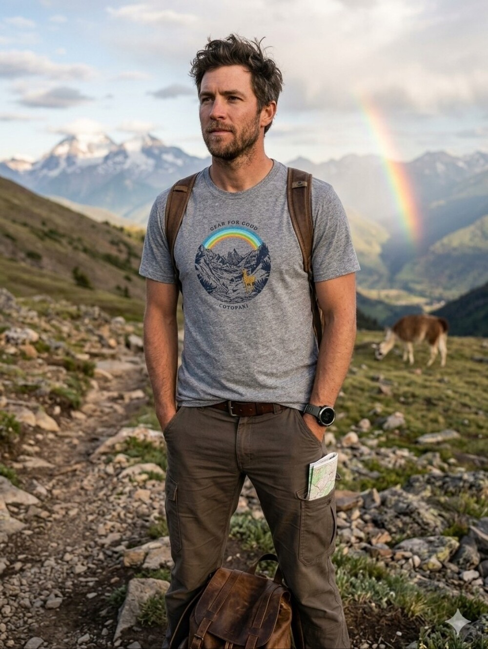 Cotopaxi Gray Short Sleeve Tee with Mountain Graphic and Rainbow